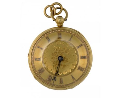 AN ENGLISH 18CT GOLD LEVER WATCH, R BELL, DOUGLAS  NO 2056 with gold dial and fine blued steel hands, in engraved case, casem