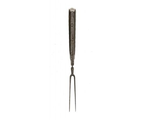 A 17TH CENTURY SILVER MOUNTED STEEL FOLDING FORK the bolster engraved on either side with a tulip, the backstrip with cut orn