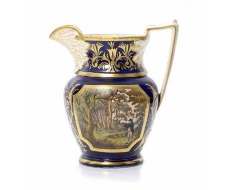 AN H & R DANIEL SPORTING JUG, C1825  painted with panels of an angler or sportman with a gun in a wood  and gilt with the ini