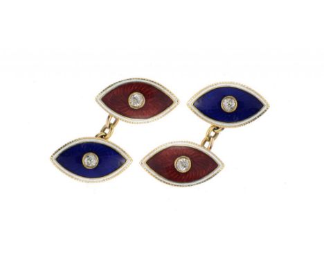 A FINE PAIR OF BELLE EPOQUE DIAMOND SET AND ENAMEL GOLD CUFF LINKS, C1900 alternately guilloche enamelled scarlet and blue ou