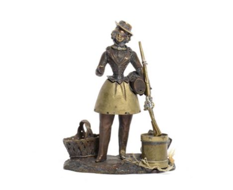 A CONTINENTAL PATINATED BRASS FIGURAL INKSTAND, PROBABLY FRENCH, C1860   as a female itinerant entertainer, her detachable he