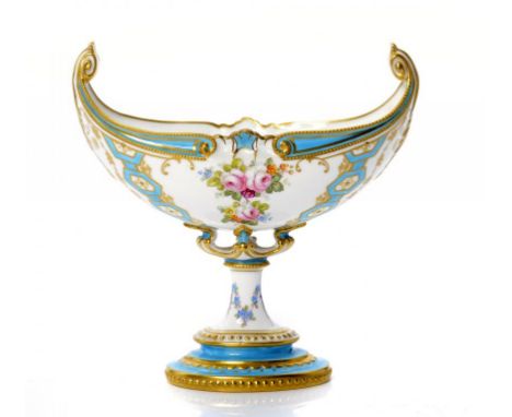 A ROYAL CROWN DERBY BOAT SHAPED VASE, 1909 painted by R Barratt, signed, with flowers in turquoise and raised gilt borders, 1