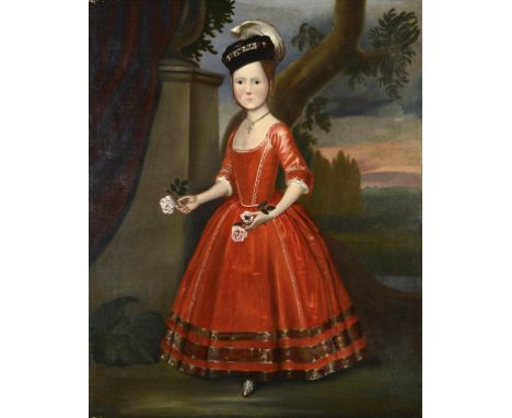SCOTTISH(?) SCHOOL, 18TH CENTURY PORTRAIT OF A YOUNG GIRL  full length in a red dress and plumed bonnet, holding flowers in e