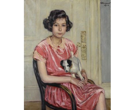 BRITISH SCHOOL, 1930 PORTRAIT OF A GIRL   seated three quarter length in a red dress with her dog, signed  indistinctly and d