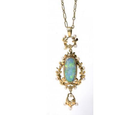 AN ARTS & CRAFTS OPAL, BAROQUE PEARL AND GOLD OPENWORK PENDANT, C1910  on a gold necklet marked 9ct, 7g gross ++Pendant with 