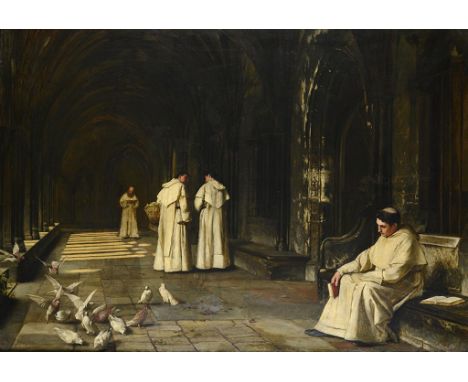 NORTHERN EUROPEAN SCHOOL, LATE 19TH/EARLY 20TH CENTURY MONKS IN A CLOISTER oil on canvas, 98 x 136cm ++The medium thin in pla