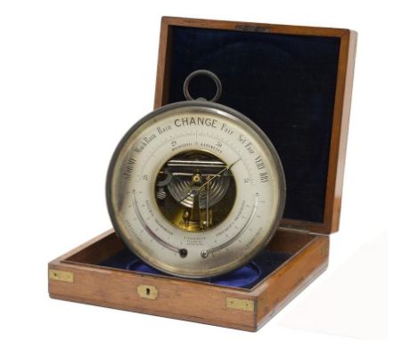 A FRENCH LACQUERED BRASS ANEROID BAROMETER BY NAUDET, PERTUIS HULOT ET CIE, C1880  with two thermometers and inscribed A EVER