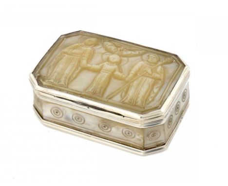 A VICTORIAN SILVER AND MOTHER OF PEARL SNUFF BOX   the lid inset with a panel carved with the holy family, 6cm w, by Edward E