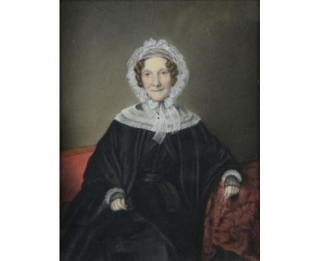 ENGLISH SCHOOL, 19TH CENTURY  PORTRAIT OF A LADY seated three quarter length in a black dress with lace collar and bonnet, pa