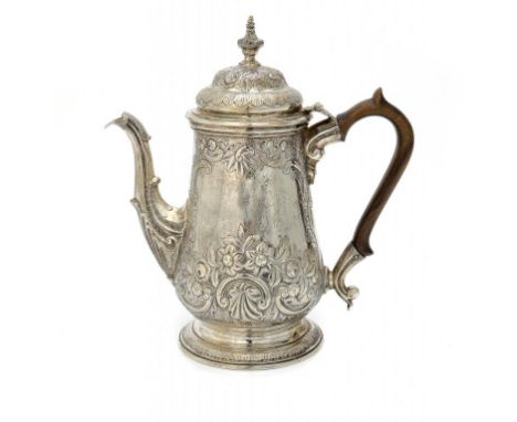 A GEORGE III ROCOCO SILVER COFFEE POT,  23cm h, by William and James Priest, London 1766, 28ozs gross ++Fully marked undernea