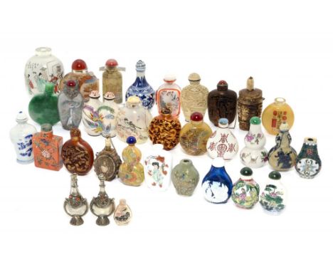 A COLLECTION OF CHINESE STUFF BOTTLES, 20TH C including interior painted and other glass, porcelain, stone and enamel example