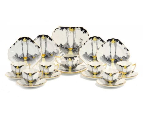 A SHELLEY SUNRISE AND TALL TREES QUEEN ANNE TEA SERVICE FOR SIX, C1930  plate 24cm w, printed mark (20) ++The lot in fine con