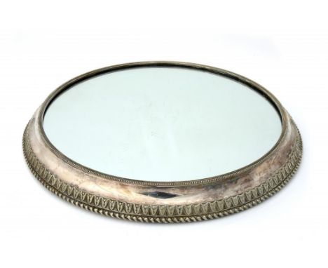 A VICTORIAN EPNS MIRROR PLATEAU, C1880 with mahogany inset base, 57cm diam, by James Dixon & Sons, wood case ++Plating locall