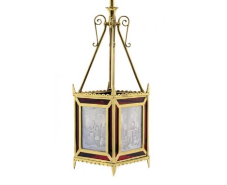 AN UNUSUAL VICTORIAN BRASS HALL LANTERN INCORPORATING FOUR GERMAN PORCELAIN LITHOPHANES, C1880 each with ruby glass surround,