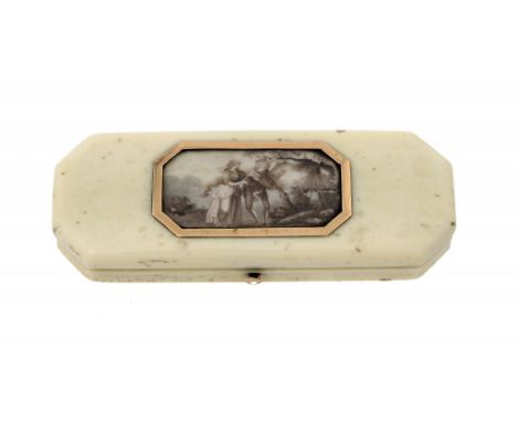 AN ENGLISH IVORY TOOTHPICK BOX, C1800 the lid inset with a gold frameD miniature painted with lovers en grisaille, a mirror t