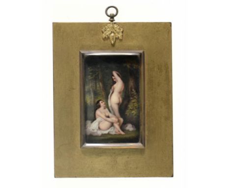 AN ENAMEL PLAQUE OF BATHERS IN A GLADE, 19TH C  possibly for mounting in the lid of a snuff box, 9 x 5.5cm, gold painted fram