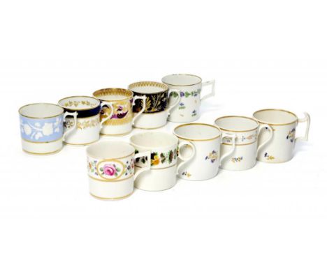 TEN DERBY COFFEE CANS one moulded with flowers on a blue band, c1810-15, 6-6.5cm h, red painted mark, one unmarked ++All in s