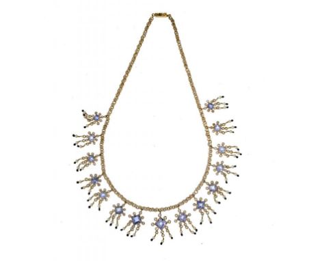 A FINE INDIAN SAPPHIRE AND PEARL  NECKLACE, C1900 in gold,  overall length 45.5cm ,the box clasp set with white sapphires and