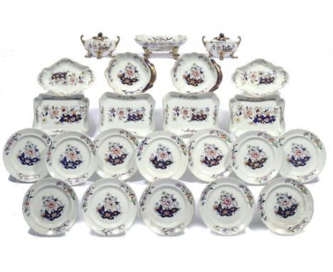 A DAVENPORT STONE CHINA JAPAN PATTERN DESSERT SERVICE WITH GILT SCALE BLUE HANDLES AND FEET, C1825  the service including a p