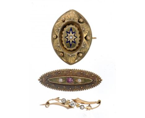 A DIAMOND SET GOLD SCROLL BAR BROOCH, C1910  indistinctly marked, a ruby and diamond set gold shuttle shaped brooch and a Vic