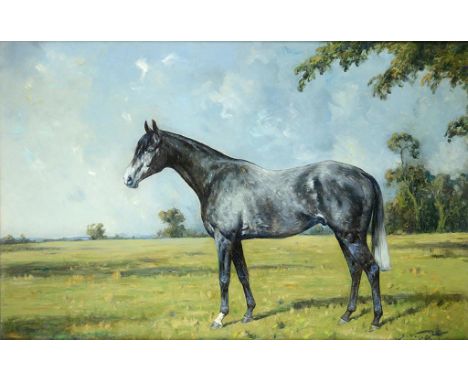 GEORGE WRIGHT (1860-1942) PORTRAIT OF THE GREY RACEHORSE "GUEST OF HONOUR" IN A PADDOCK  signed, oil on canvas, 59 x 90cm "Gu