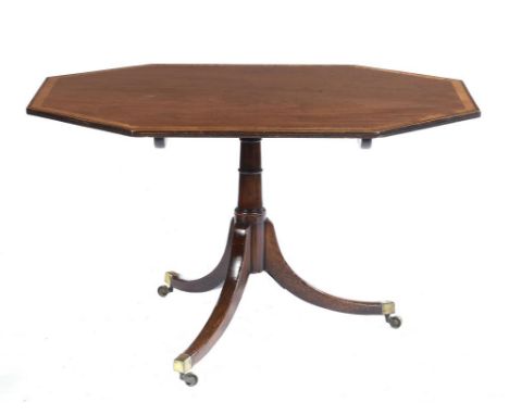 A MAHOGANY TRIPOD TABLE, 19TH C the octagonal top crossbanded in satinwood, on brass castors, 82cm h; 88 x 120cm ++Some old r