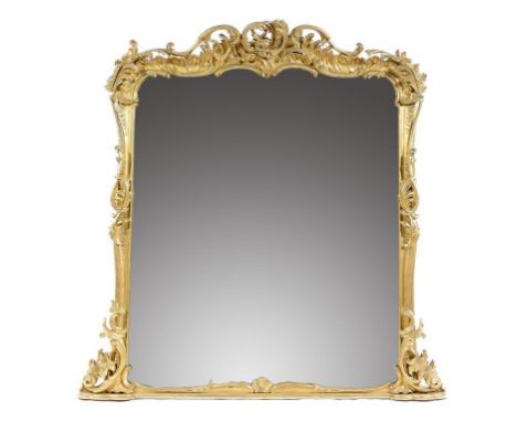 A VICTORIAN REVIVED ROCOCO GILTWOOD OVERMANTLE MIRROR, C1870 crisply carved with spume and applied with leafy scrolls crested
