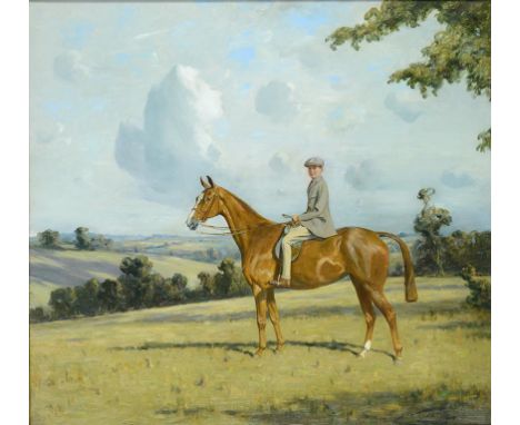 GEORGE WRIGHT (1860-1942) EQUESTRIAN PORTRAIT OF RICHARD HENRY HAWKINS ON HIS CHESTNUT MARE "BETTY", 1933  signed, oil on can