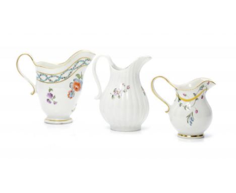 A DERBY BALUSTER CREAM JUG OF UNUSUALLY SMALL SIZE AND TWO OTHERS, ALL C1780 all painted with flowers, 8-10.5cm h, crown over