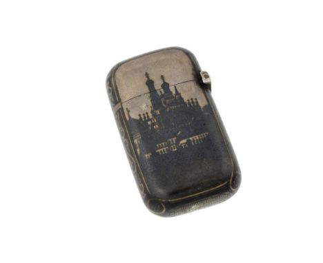 A RUSSIAN SILVER AND NIELLO VESTA CASE  the front decorated with St Basil's Cathedral, 6cm h,  by Ivan Futikin, , Moscow 1884