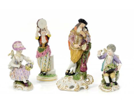 A PAIR OF DERBY FIGURES OF A SEATED BOY AND GIRL WITH FRUIT AND FLOWERS AND TWO LARGER  FIGURES OF MUSICIANS, C1825 12-19cm h