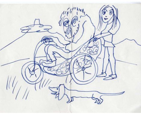 †SIR JOHN KYFFIN WILLIAMS, KBE, RA (1918-2006) SELF CARICATURE IN A BATH CHAIR WITH A DACHSHUND pen and blue ink on notepaper