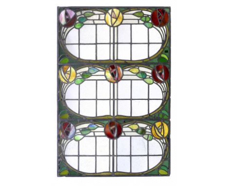 AN ARTS & CRAFTS LEADED GLASS WINDOW LIGHT, POSSIBLY GLASGOW SCHOOL, C1900 110 x 75cm
