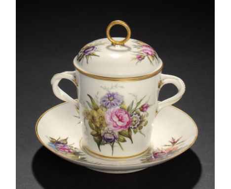 A   DERBY CHOCOLATE CUP, COVER AND STAND, PAINTED BY WILLIAM BILLINGSLEY, C1795   painted with two or three flowers sprays, c