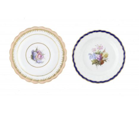 TWO DERBY PLATES,  C1790 both painted probably by William Billingsley with central flower sprays, 23 and 21.5cm diam, puce   