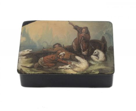 A GERMAN PAPIER MÂCHÉ SNUFF BOX BY MEYER & WREID, C1832 the lid painted after Francois Auguste Biard with sailors fighting po