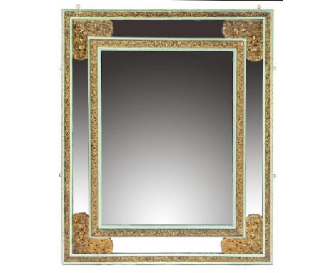 A FLEMISH EMBOSSED BRASS MOUNTED AND PAINTED WOOD MIRROR, LATE 19TH C the bevelled plate in chamfered surround of slip mirror