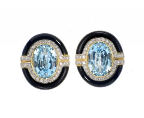 A PAIR OF ART DECO STYLE DIAMOND, BLUE TOPAZ AND GOLD AND BLACK ENAMEL OVAL EARRINGS  marked 750, 17.5g gross ++Both in fine 