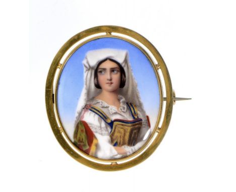 A VICTORIAN GOLD BROOCH MOUNTED WITH A SWISS PAINTED ENAMEL    OF A  YOUNG WOMAN IN NATIONAL DRESS, C1860 8.7g gross ++Fine q
