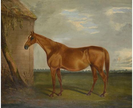 ATTRIBUTED TO DAVID DALBY OF YORK (1794-1836) PORTRAIT OF THE CHESTNUT MARE "ROSAMUND" BY A THATCHED BARN IN A LANDSCAPE insc