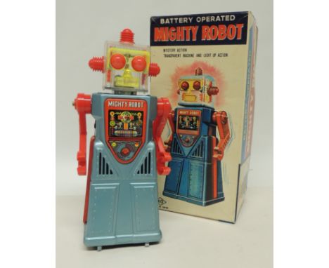 A Japanese KO Mighty Robot, battery operated, metal and plastic and in original box, 31cms high ++robot lacks base panel, one