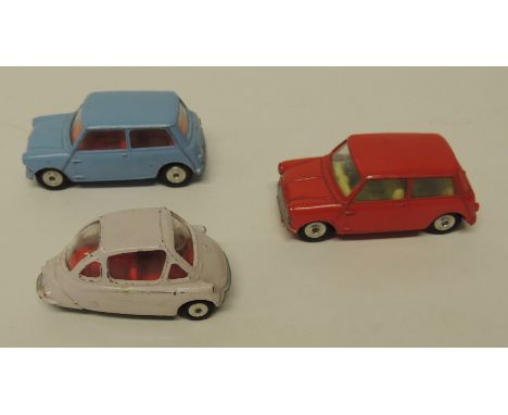 CORGI - Heinkel, light pink, unboxed; Morris Mini Minor, light blue, unboxed and Austin Seven, red, unboxed (3) ++all with sl