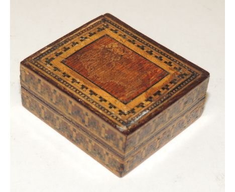 A small Victorian Tunbridge ware stamp box, the cover with profile portrait of Queen Victoria, 4.5cms x 4cms