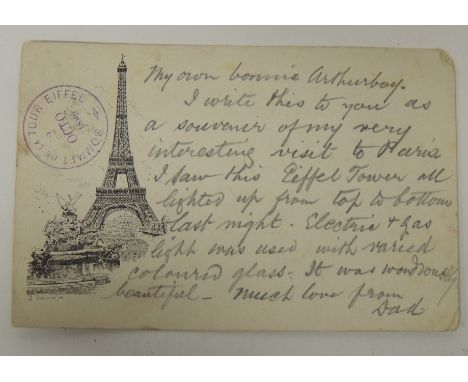 Eiffel Tower/World Trade Fair 1889 - a postcard with printed image of the Eiffel Tower and with stamped "Sommet de la Tour Ei