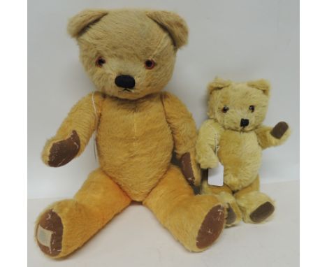 A Chad Valley teddy bear with golden plush, black stitched nose, plastic eyes, rexine pads and label to base of one foot 47cm