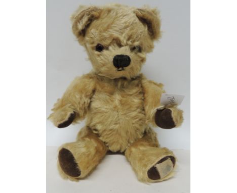 A Chad Valley teddy bear with golden plush, plastic eyes and stitched nose, velvet pads and label to underside of one foot, 3