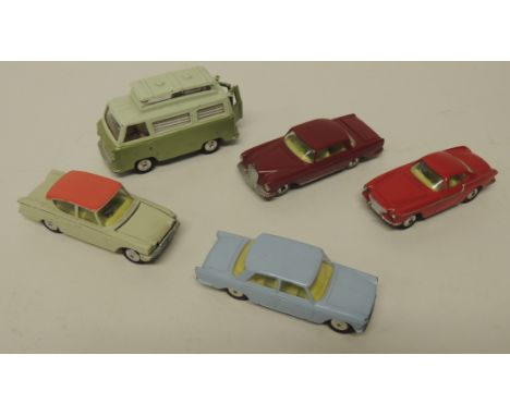 CORGI - Ford Thames Airborne Caravan, two tone green, unboxed; Fiat 1800, light blue, unboxed; Volv P1800, red, unboxed; Ford