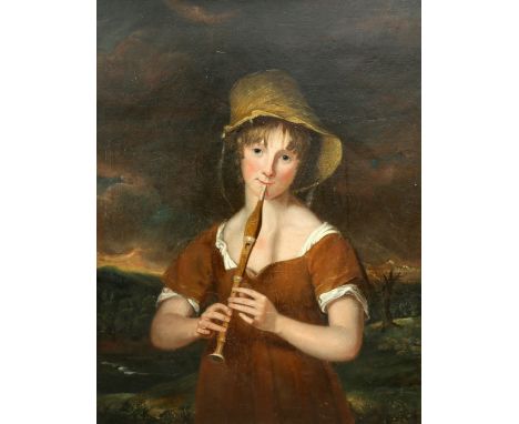 ATTRIBUTED TO WILLIAM OWEN (LUDLOW 1769-1825 LONDON), A CHILD PLAYING A PIPE BEFORE A LANDSCAPE,&nbsp;oil on canvas, in a gil