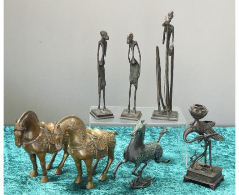 A GROUP OF BRONZES, including; A&nbsp;PAIR OF CHINESE TANG STYLE BRONZE HORSES, 24cm high; ANOTHER TANG STYLE HORSE, in gallo