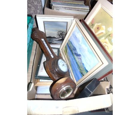 An Oak Barometer, together with A Treen Clock, Assorted Paintings & a Red Ground Rug.